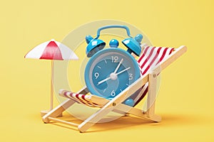 Alarm clock in a deck chair with an umbrella from the sun on a yellow background