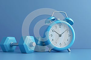 Alarm clock with dumbbells on blue background. Working out concept, fitness, sport activity, healthy lifestyle theme, consistency