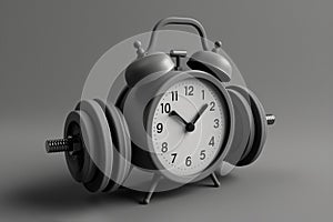 Alarm clock with dumbbells on dark background. Working out concept, fitness, sport activity, healthy lifestyle theme, consistency