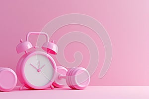 Alarm clock with dumbbells on pink background. Working out concept, fitness, sport activity, healthy lifestyle theme, consistency