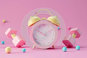 Alarm clock with dumbbells on pink background. Working out concept, fitness, sport activity, healthy lifestyle theme, consistency