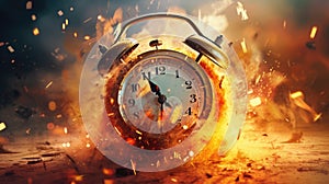 Alarm clock on fire explosion. Time running out, countdown, deadline concept. Better hurry. Clock face.