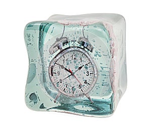 Alarm clock frozen in ice cube. Freeze time concept, 3D rendering