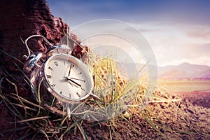 Alarm clock on grass at sunset or sunrise/ time concept