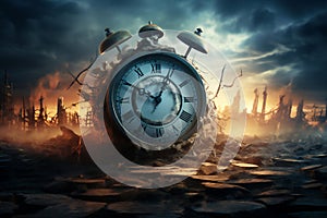 An alarm clock heralds a doomsday climax while depicting the apocalyptic cataclysm marking the deadline of the end of time