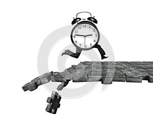 Alarm clock with human legs running on breaking puzzle ground