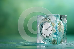 Alarm clock in ice cube with Earth shape, frozen time. Stopping the time concept, freeze time. Climate change. Daylight saving