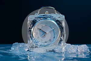 Alarm clock in ice cube, frozen time. Stopping the time concept, freeze time. Climate change. Daylight saving time, save the date