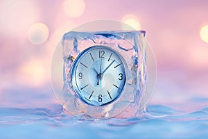 Alarm clock in ice cube, frozen time. Stopping the time concept, freeze time. Climate change. Daylight saving time, save the date