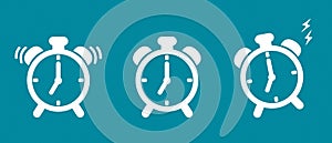 Alarm Clock Icon Set - Vector Illustrations Isolated On Blue Background
