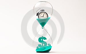 Alarm clock inside hourglass and countdown to US dollar sign , Money and time management concept