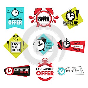 Alarm clock isolated icons, last minute offer buttons