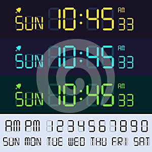 Alarm clock lcd display font. Electronic clocks numbers, digital screen hours and minutes. Retro display text vector set