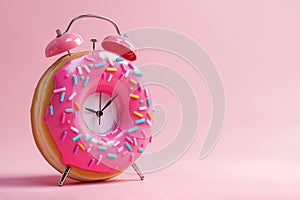 Alarm clock made of donut. Breakfast time, creative minimal concept. Fast food, sweets, sugar, diet, mealtime, break at work.