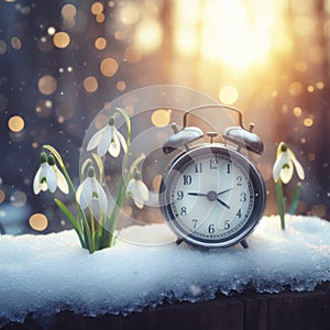 Alarm clock in melting snow on the street with snowdrops on nature background. ai generative