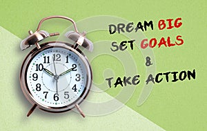 Alarm clock with message DREAM BIG, SET GOALS & TAKE ACTION