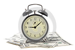 Alarm clock over heap of money isolated
