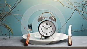 Alarm clock and plate with cutlery . Concept of intermittent fasting, lunchtime, diet and weight loss