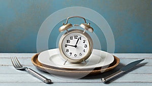 Alarm clock and plate with cutlery . Concept of intermittent fasting, lunchtime, diet and weight loss