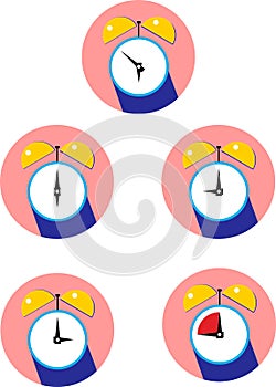 Alarm clock with round dial and clockwises in flat style
