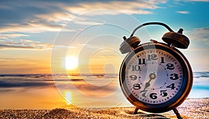 Alarm clock on the sandy beach