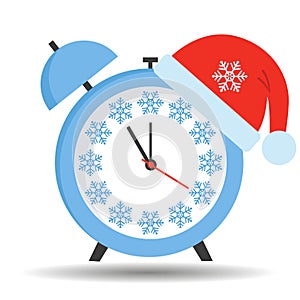 Alarm clock with Santa Claus hat. Flat design