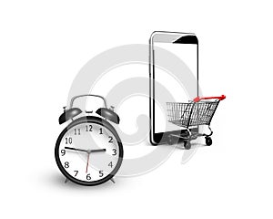 Alarm clock with shopping cart entering smartphone screen