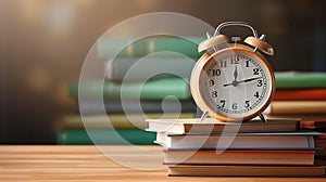 Alarm clock stands on top of a stack of colored books on table, blurred library background, copy space, back to school concept