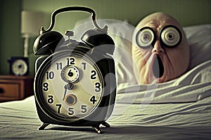The alarm clock suddenly rang and woke up a disgruntled person. Generative AI