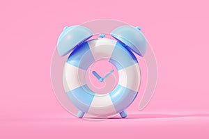 Alarm clock for summer holiday, vacation time on pink background