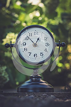 Alarm clock in sunlit spring garden