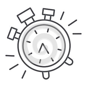 Alarm clock thin line icon, time and clock, watch sign, vector graphics, a linear pattern on a white background.