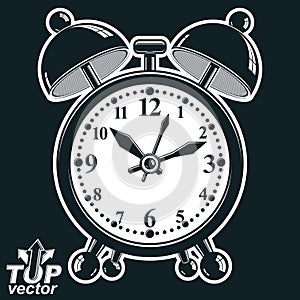 Alarm clock vector 3d black and white illustration, wake up conceptual icon. Graphic dimensional clock with clang bells. Retro ti