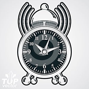 Alarm clock vector 3d monochrome illustration with podcast sign,