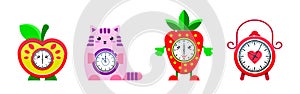 Alarm clock vector cartoon kids clockface clocked in time with hour or minute arrows illustration childish clocking