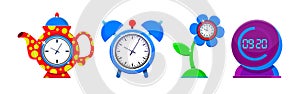 Alarm clock vector cartoon kids clockface clocked in time with hour or minute arrows illustration childish clocking photo