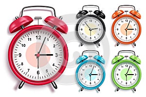 Alarm clock vector set. 3D realistic analog alarm clocks in various colors with glossy looks