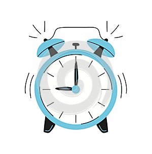 Alarm clock, wake up time. Wake up alarm clock in doodle style. Blue watch, bell