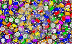 Alarm clocks background, wallpaper. 3D rendering