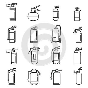 Alarm fire extinguisher icons set, outline style