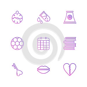 alarm , testtube , compass , beaker , industry , football , celender , books ,key , lips , heart break , eps icons set vector