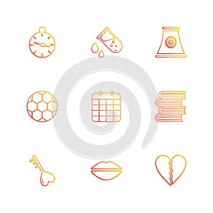 alarm , testtube , compass , beaker , industry , football , celender , books ,key , lips , heart break , eps icons set vector