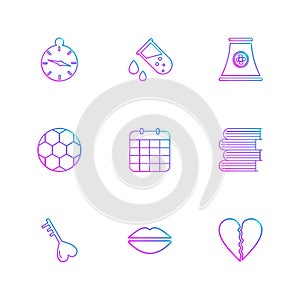 alarm , testtube , compass , beaker , industry , football , celender , books ,key , lips , heart break , eps icons set vector