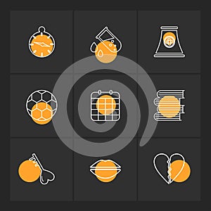 Alarm , testtube , compass , beaker , industry , football , celender , books ,key , lips , heart break , eps icons set vector