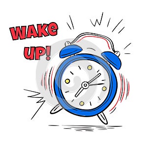 Alarm wake up. Clock ringing in morning. Hand drawing sketch comic poster, countdown vector concept