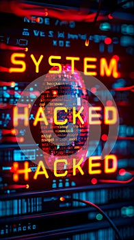 Alarming SYSTEM HACKED alert flashing on a server data panel, illustrating a cyber security breach with glowing lines of