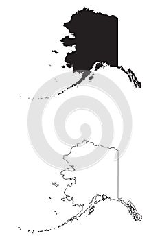 Alaska AK state Map USA. Black silhouette and outline isolated maps on a white background. EPS Vector