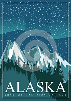 Alaska american travel banner. Snow landscape