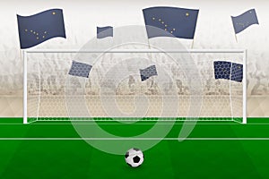 Alaska football team fans with flags of Alaska cheering on stadium, penalty kick concept in a soccer match