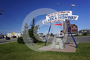 Alaska highway sign in Dawson Creek in Canada